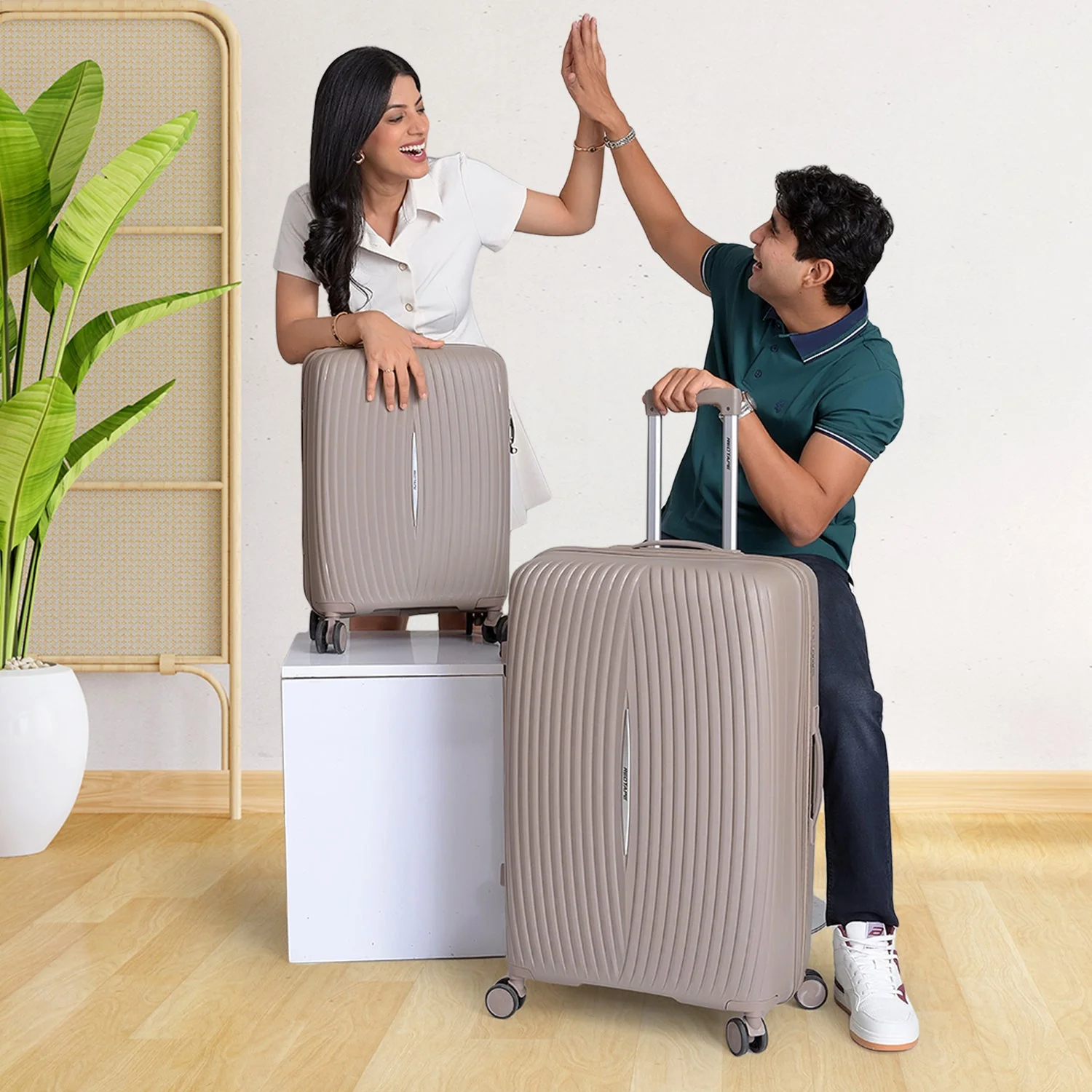 Beige 8 Wheels Trolley Bag Set of 2 (Medium + Cabin)