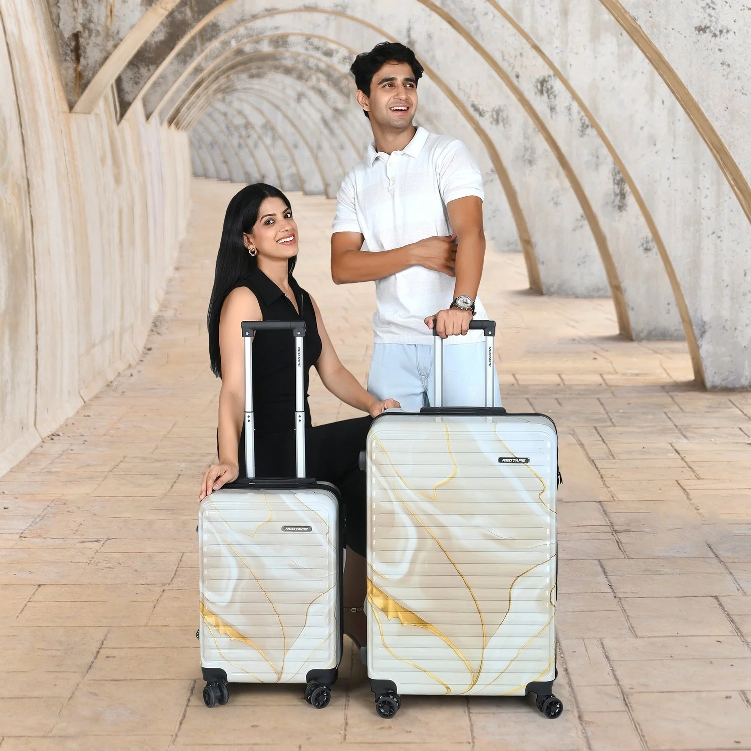 Beige Print 8 Wheels Trolley Bag Set of 2 (Large + Cabin)