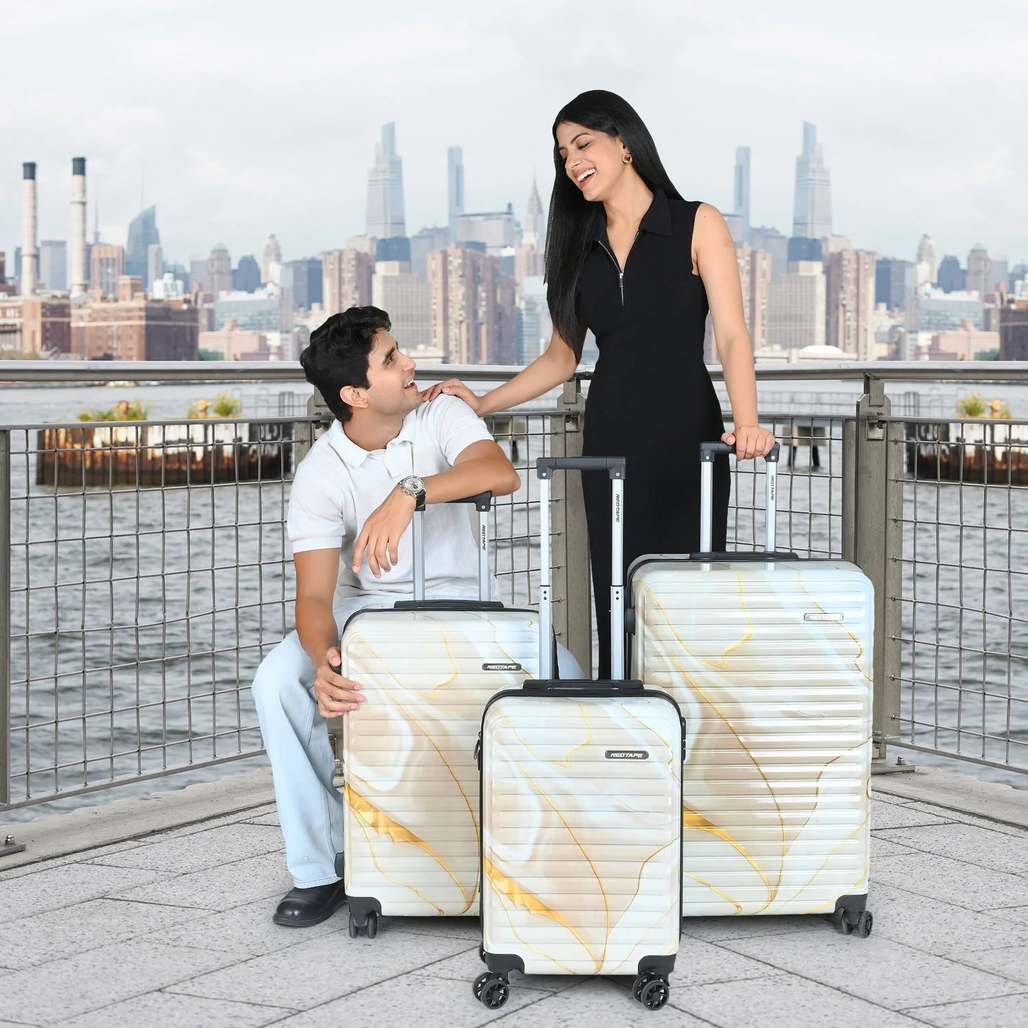 Beige Print 8 Wheels Trolley Bag Set of 3 (Large + Medium + Cabin)