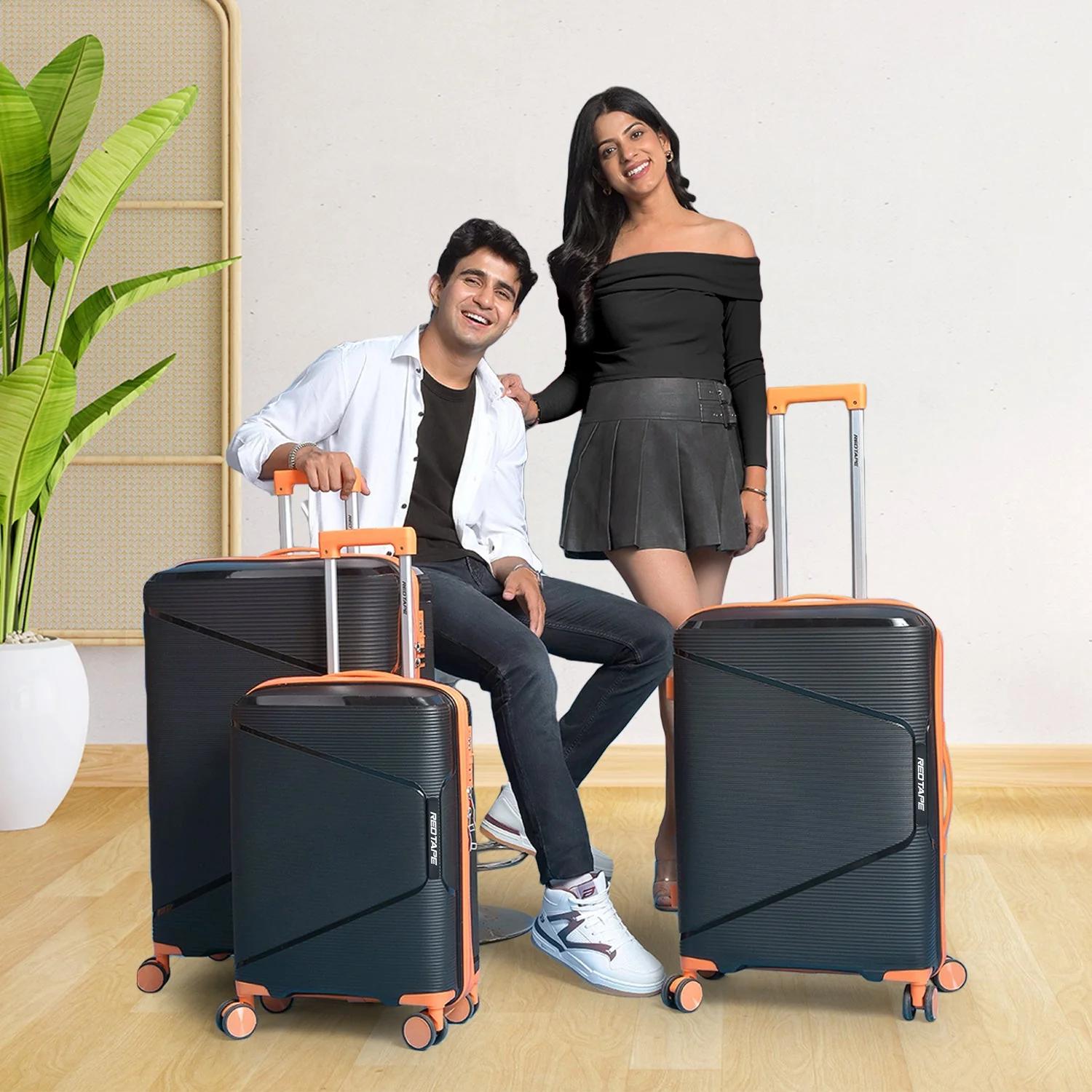 Black & Orange 8 Wheels Trolley Bag Set of 3 (Large + Medium + Cabin)