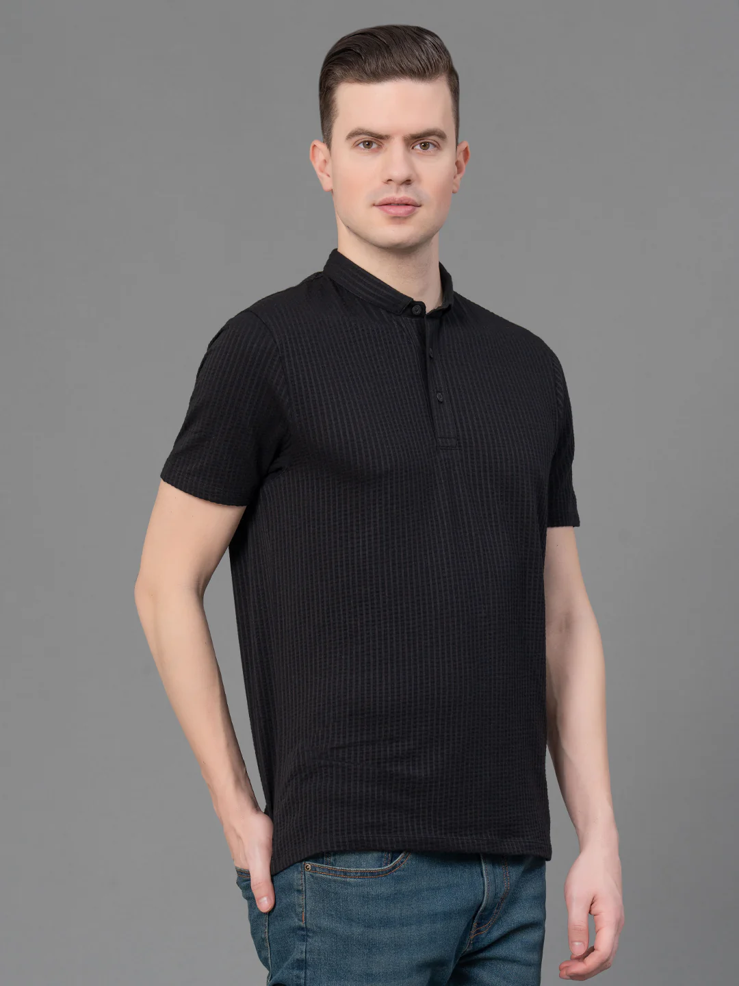 Black Henley T-Shirt for Men - Image 2