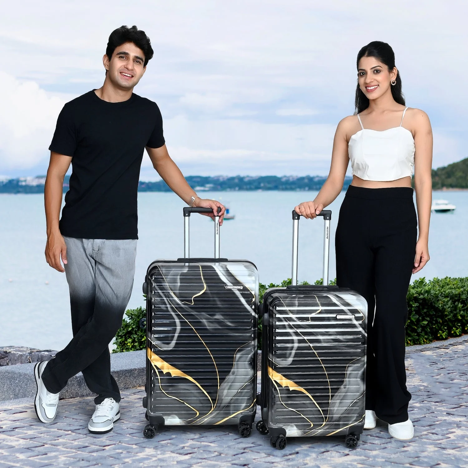 Black Print 8 Wheels Trolley Bag Set of 2 (Large + Medium)