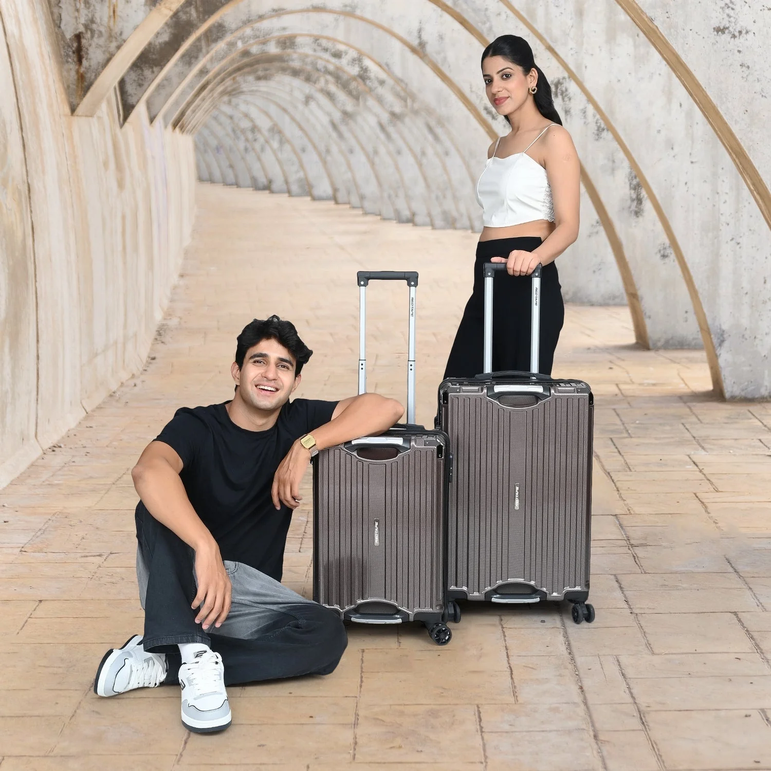 Brown 8 Wheels Trolley Bag Set of 2 (Medium + Cabin)
