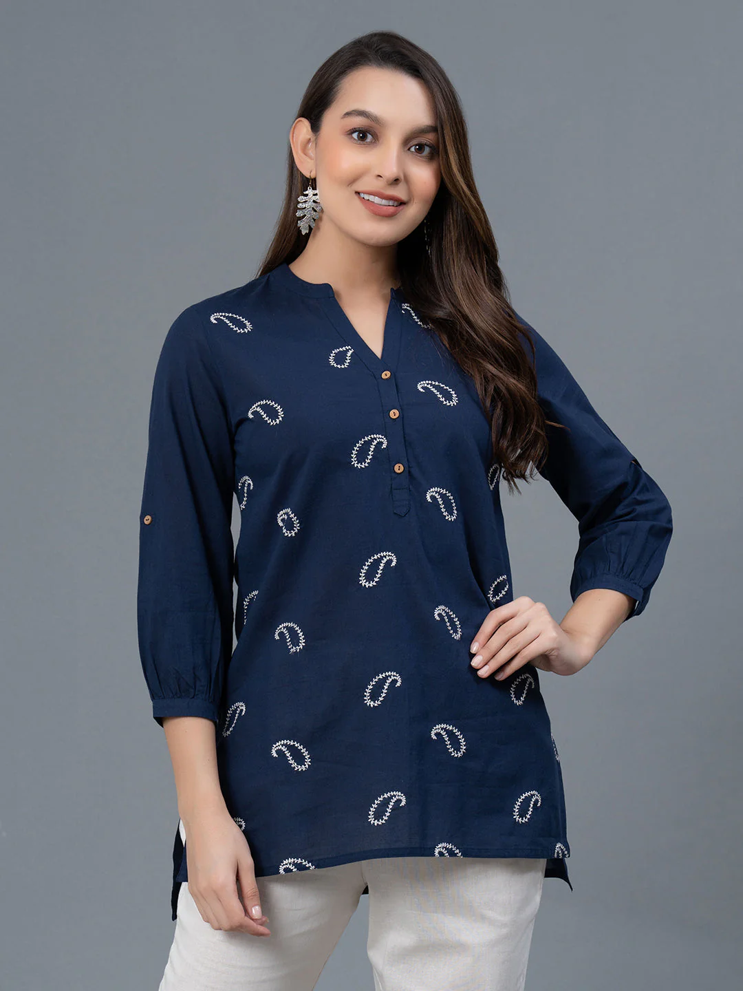 Dark Blue Embroidered Cotton Women's Blouse Top