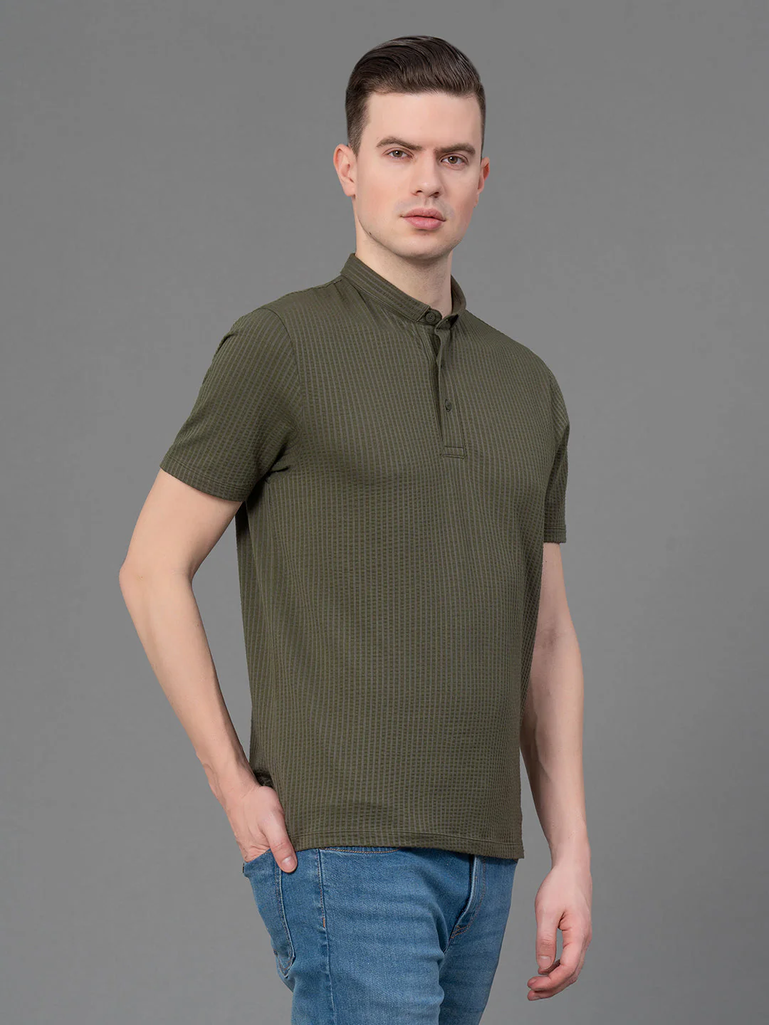 Dark Green Henley T-Shirt for Men - Image 2