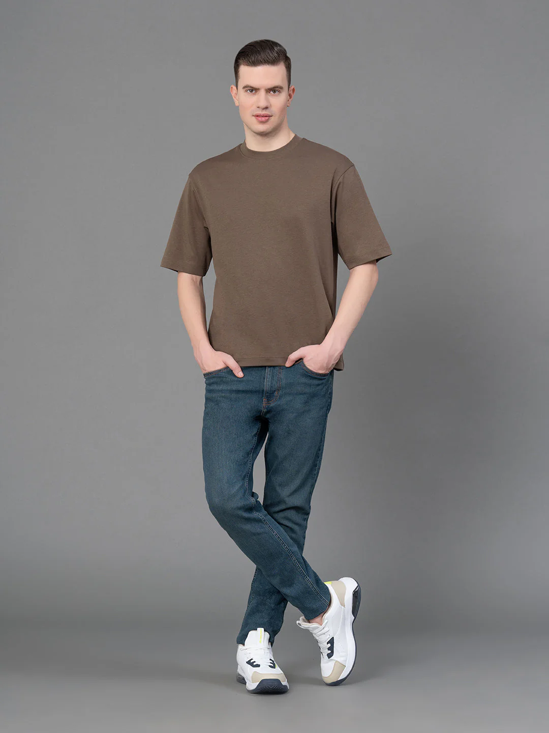 Deep Olive Oversized Round Neck T-Shirt for Men - Image 5