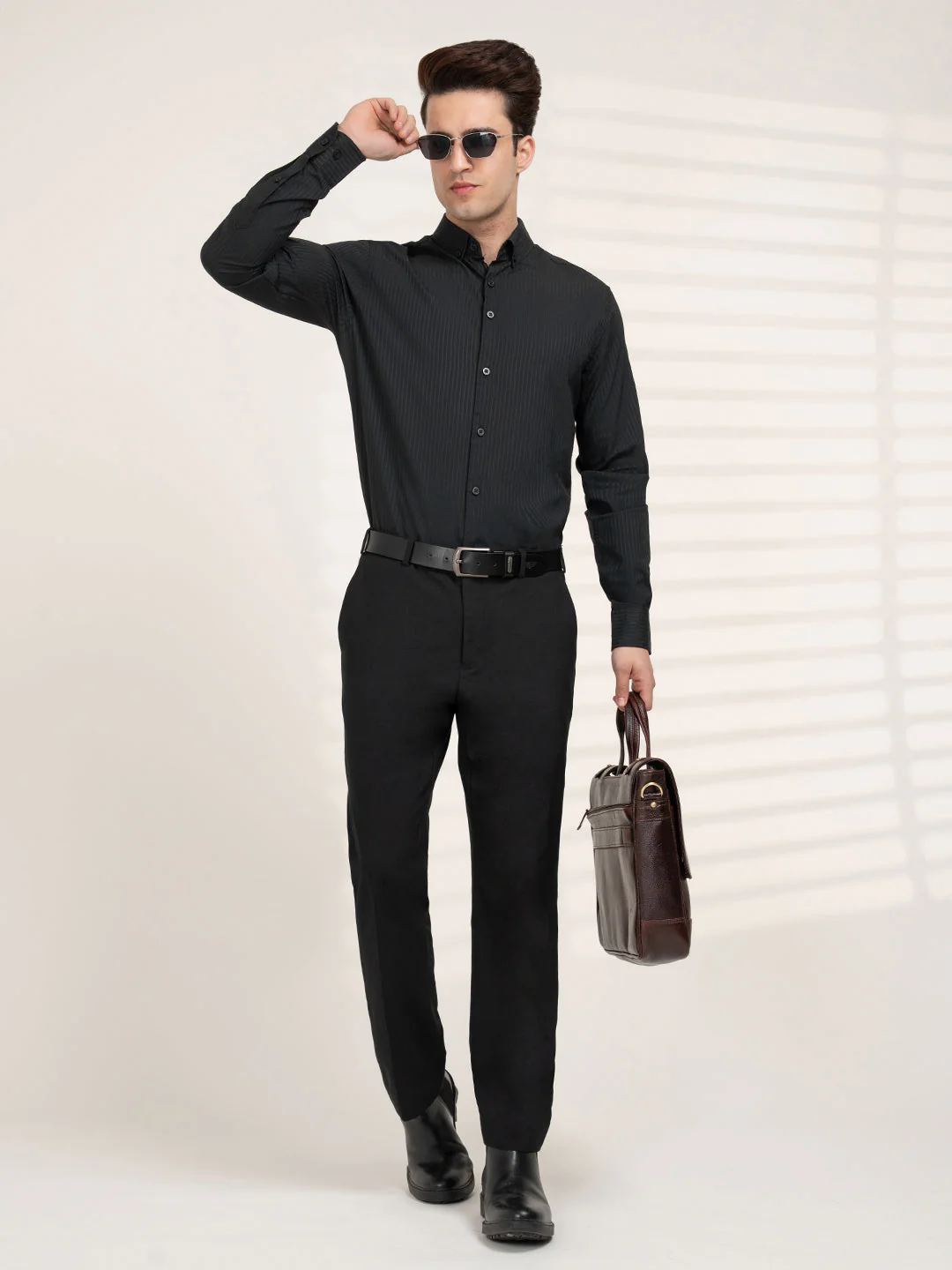 Full Sleeve Black Dobby Shirt for Men | Refined Formal Elegance
