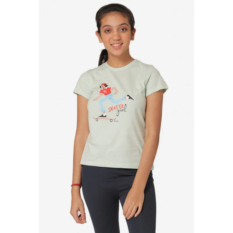 Girl's Pastel green Round Neck T-Shirt