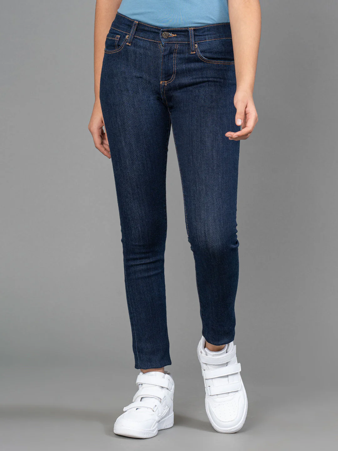 Girls Rinse Blue Solid Cotton Stretched Jeans