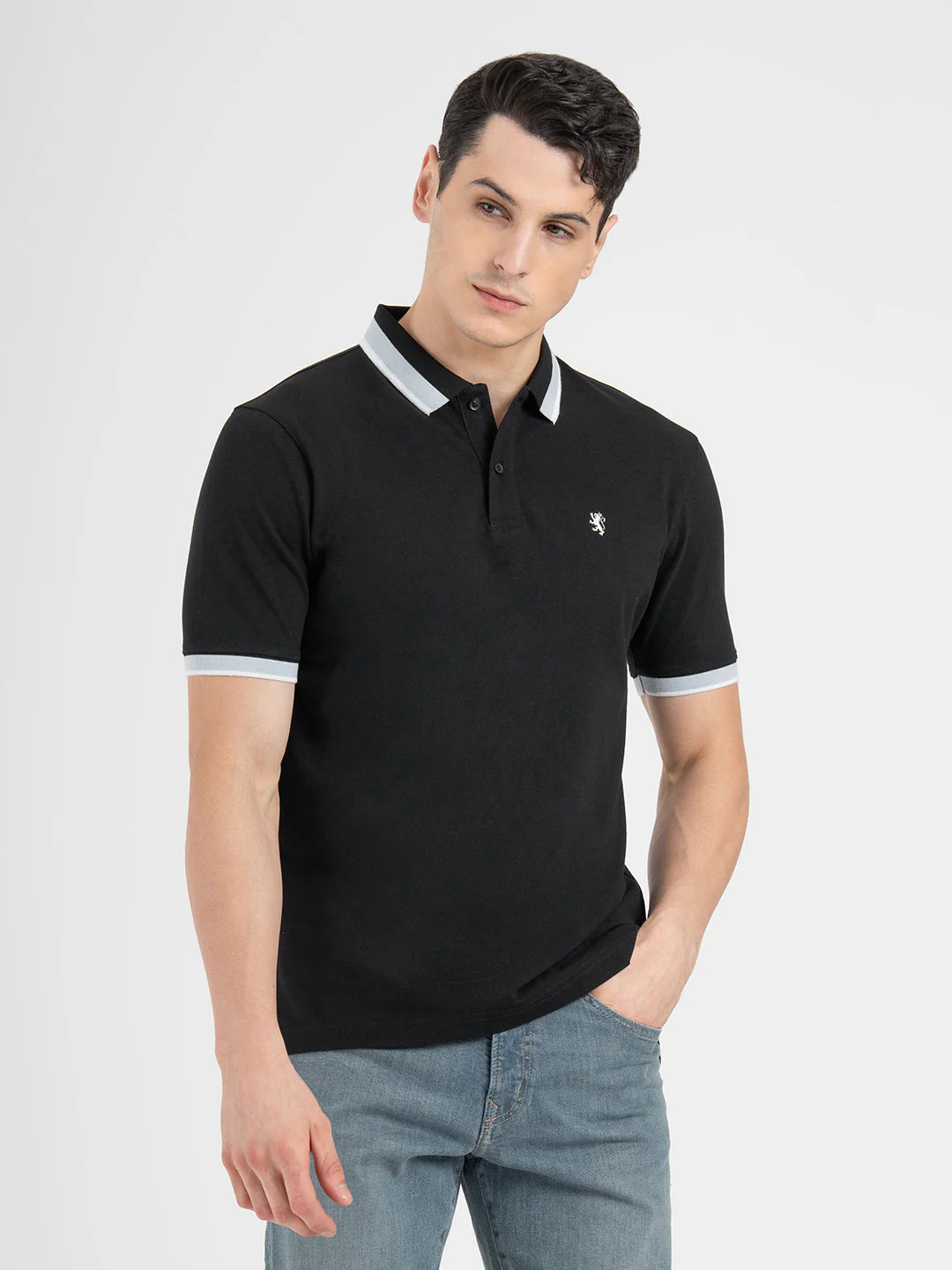 Men Black Polo Neck Cotton Polyester Solid T-Shirt