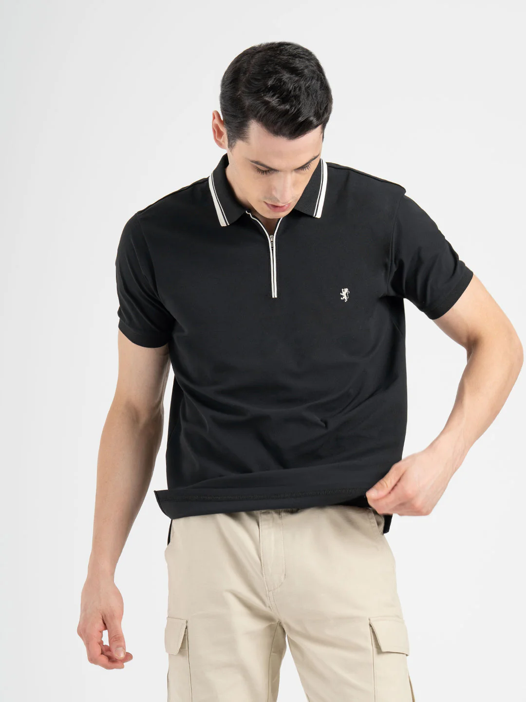 Men Black Polo Neck High Stretch Polyester Solid Athleisure T-Shirt