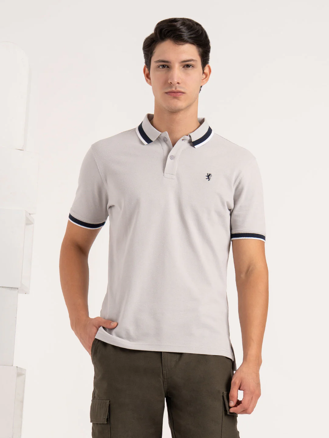 Men Grey Solid Two-Tone Tipping  Polo T-Shirt