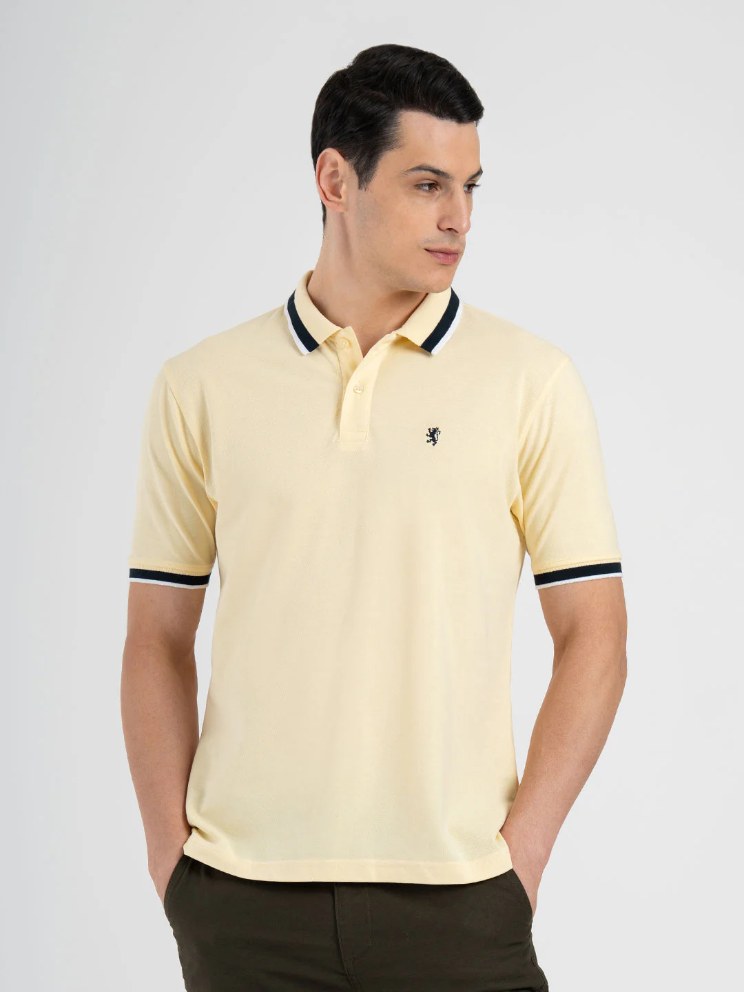 Men Light Yellow Polo Neck Cotton Polyester Solid T-Shirt