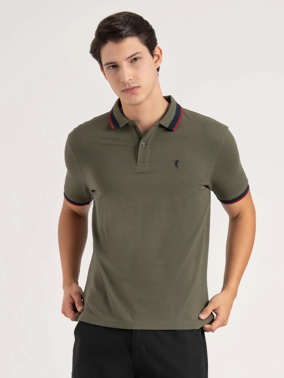 Men Olive Solid Two-Tone Tipping  Polo T-Shirt