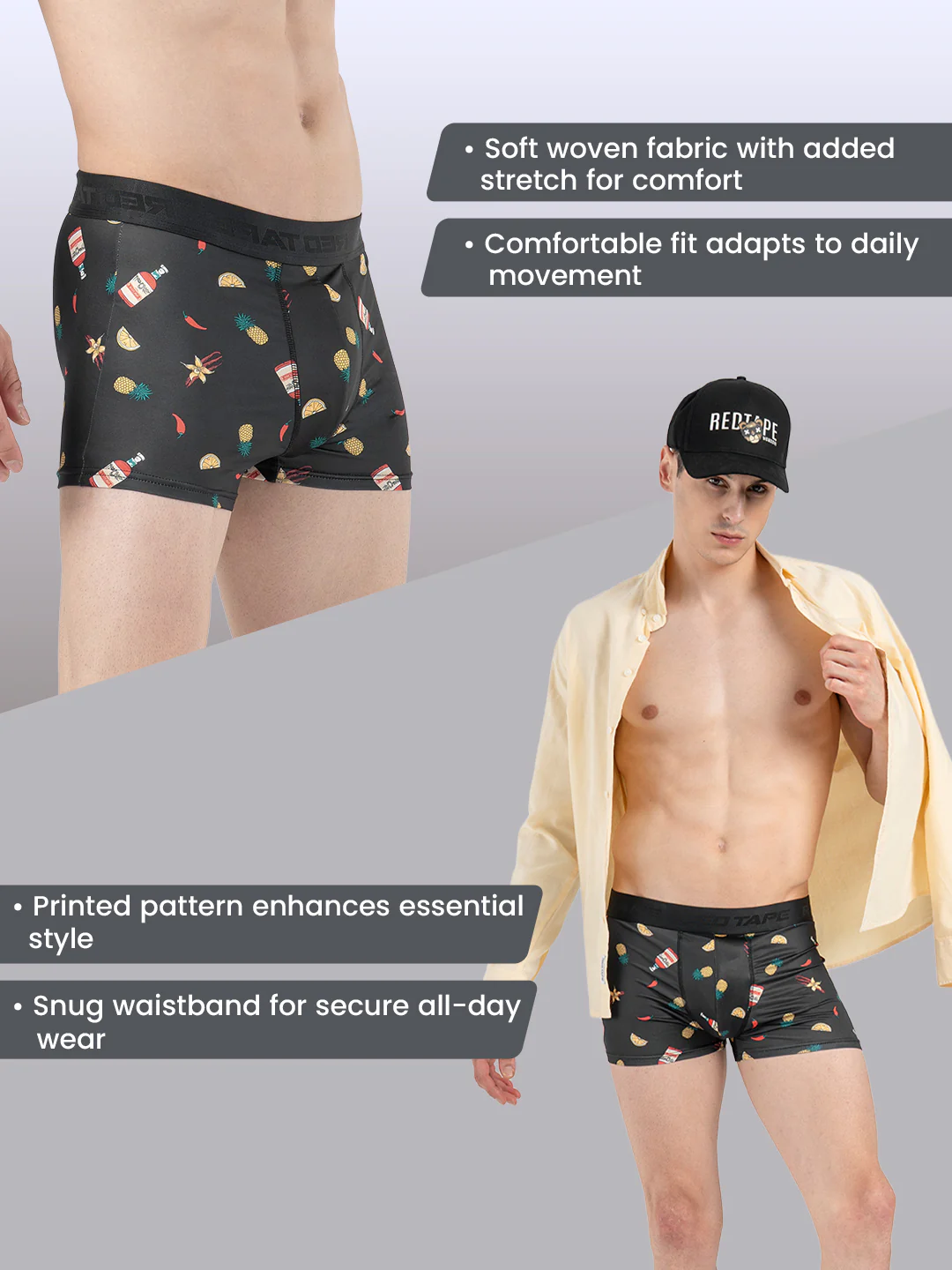Men's Black Printed Elasticated Polyester Stretched Woven Trunk - Image 2