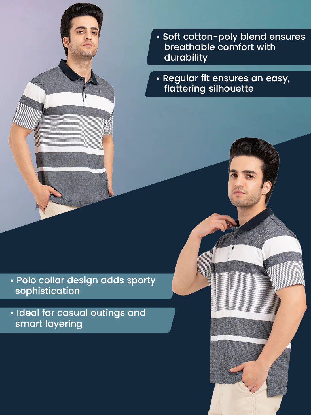 Men’s Horizontal Stripe Polo T-Shirt - Image 2