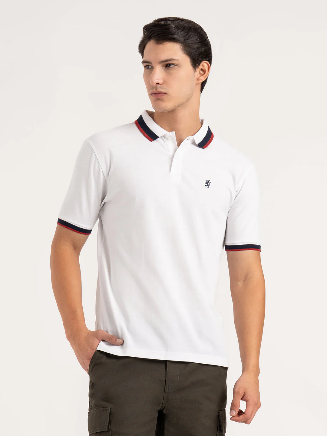 Men White Solid Two-Tone Tipping Polo T-Shirt