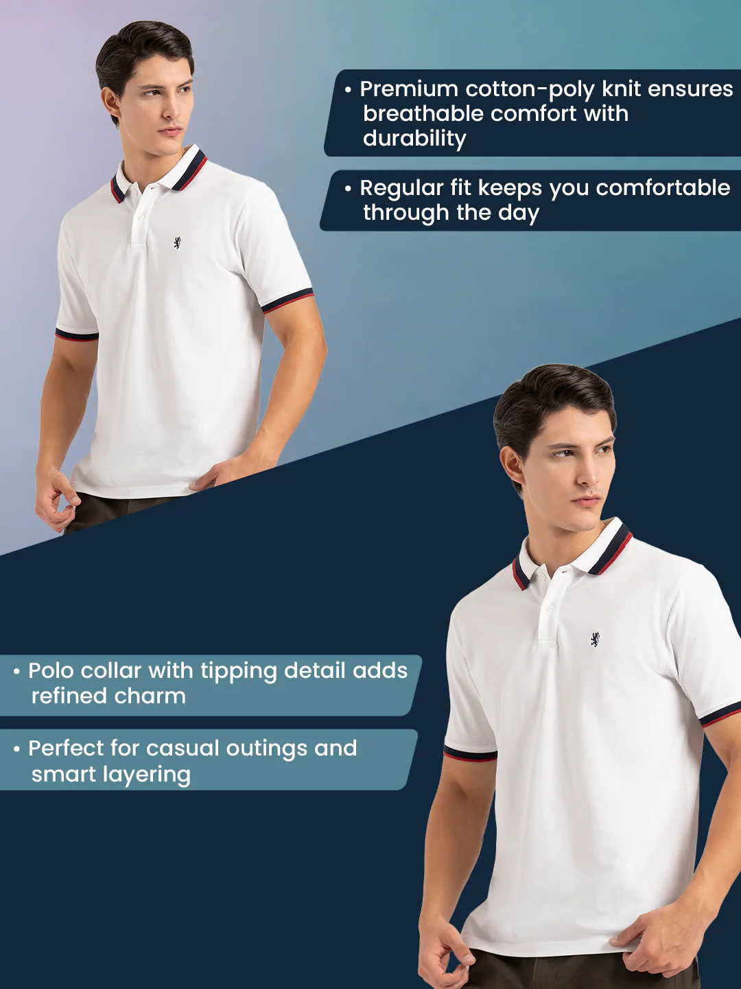 Men White Solid Two-Tone Tipping Polo T-Shirt - Image 2