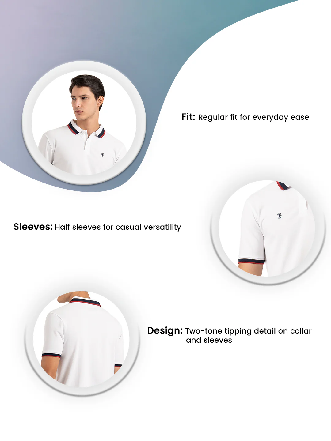 Men White Solid Two-Tone Tipping Polo T-Shirt - Image 3