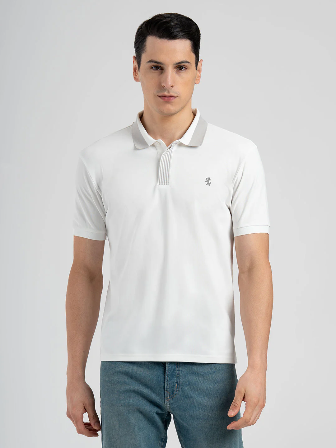 Men White Polo Neck High Stretch Polyester Jacquard Athleisure T-Shirt