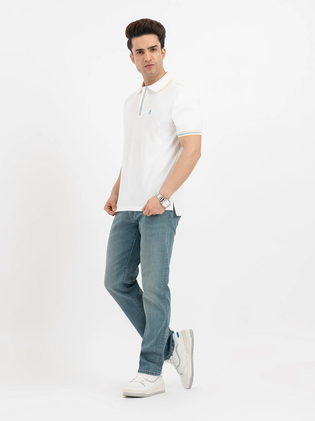 Men White Polo Neck High Stretch Polyester Jacquard Athleisure T-Shirt