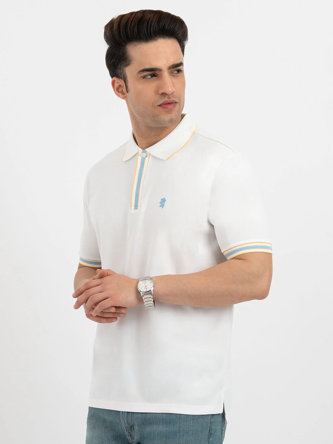 Men White Polo Neck High Stretch Polyester Jacquard Athleisure T-Shirt - Image 3