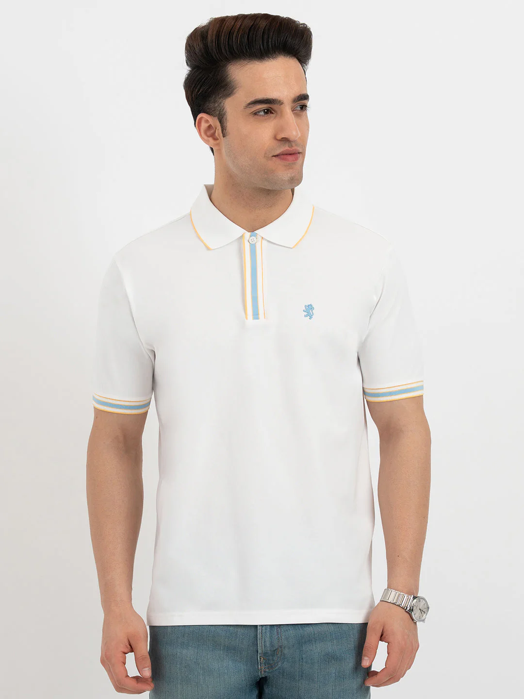 Men White Polo Neck High Stretch Polyester Jacquard Athleisure T-Shirt - Image 6
