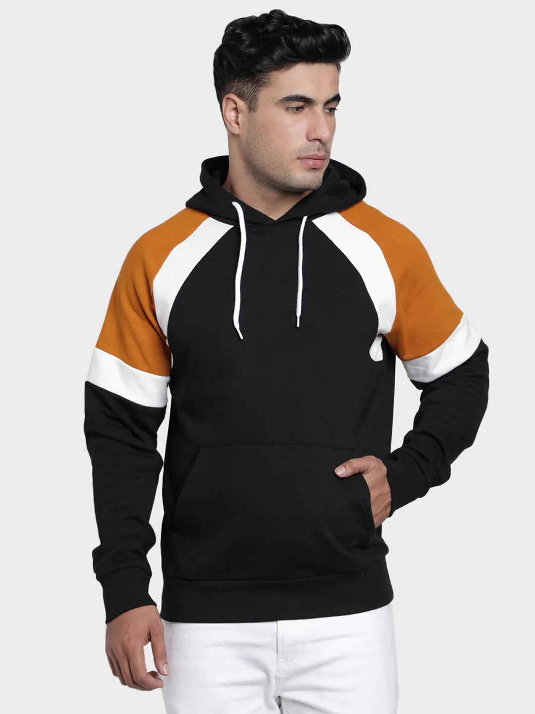 Men's Black Color Block Cotton Polyester Sweatshirt