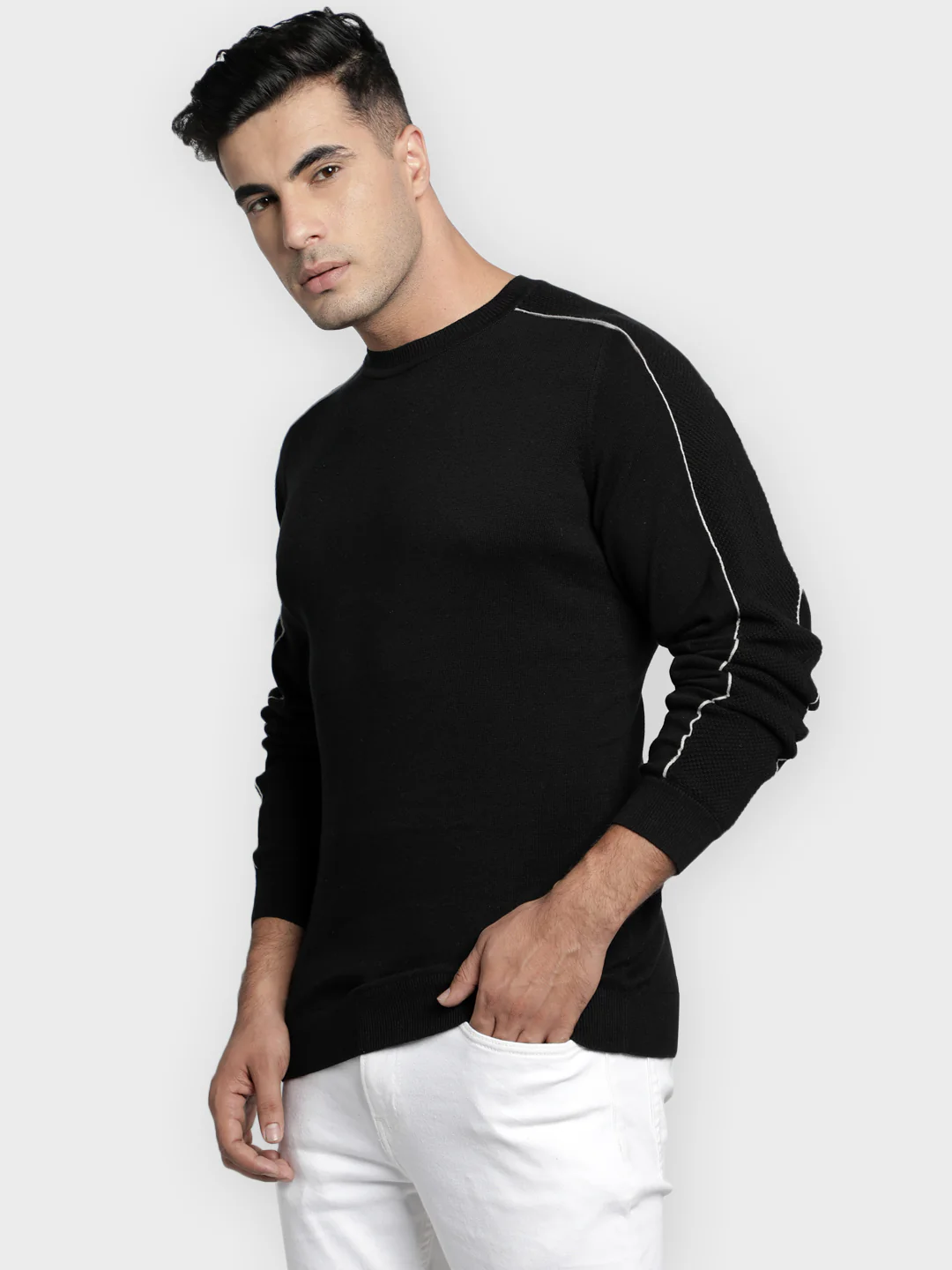Men's Black Solid Pure Cotton Sweater - Image 2