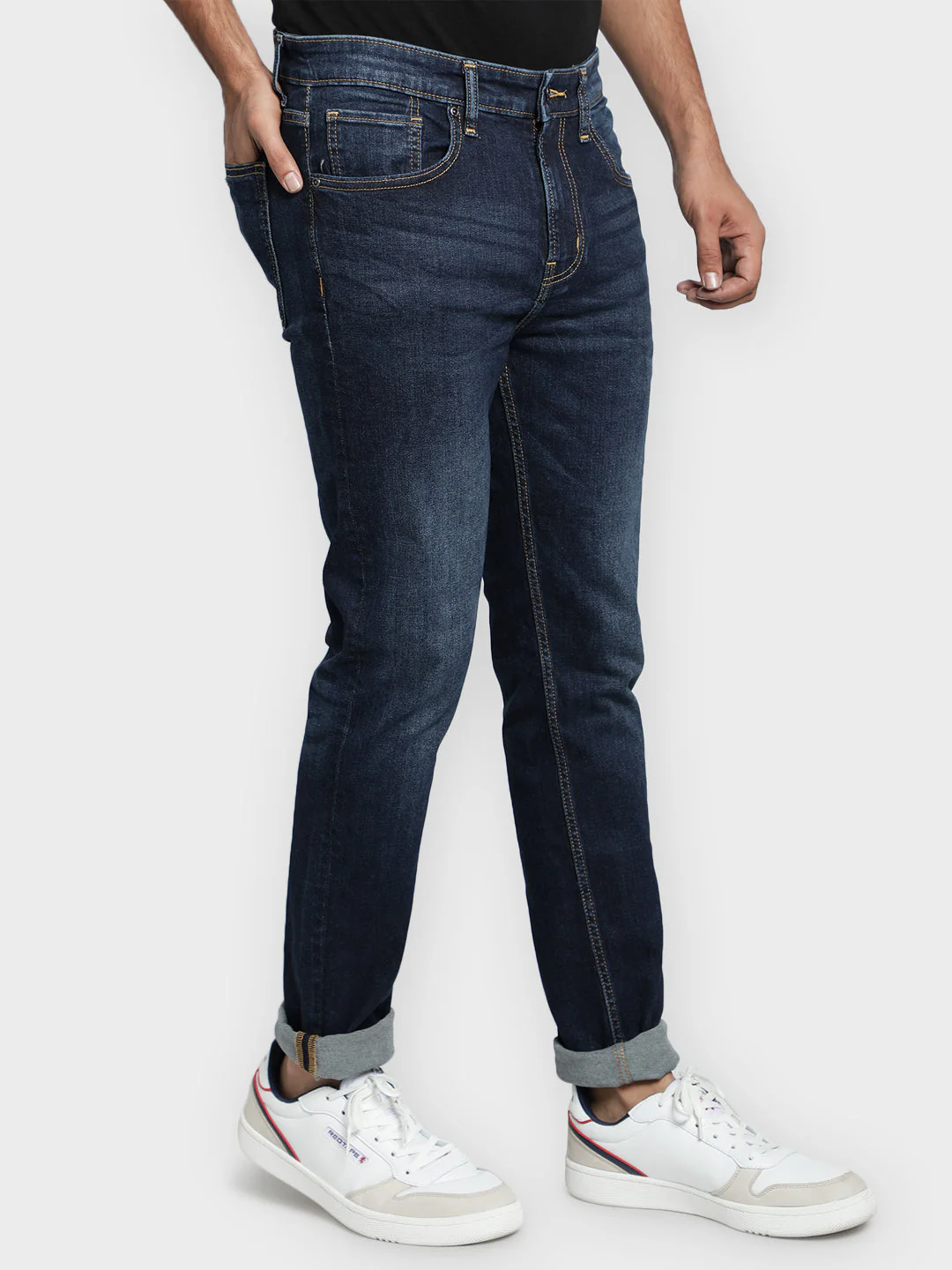 Men's Dark Blue Cotton Elastane Skinny Fit Jeans - Image 3