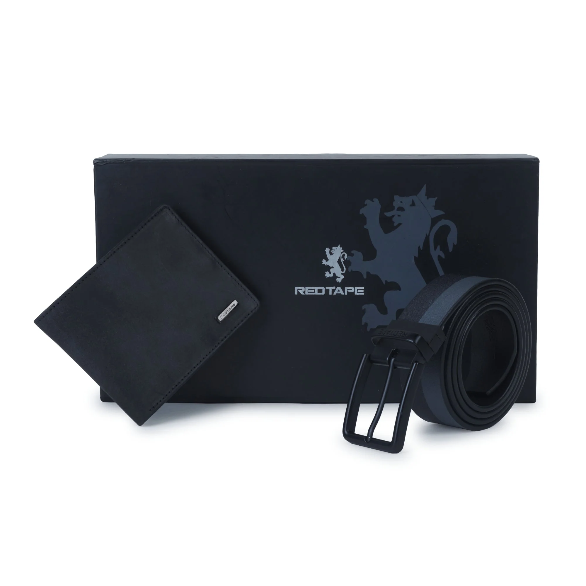 Men's Grey Black Genuine Leather Wallet and Belt Combo Gift Set