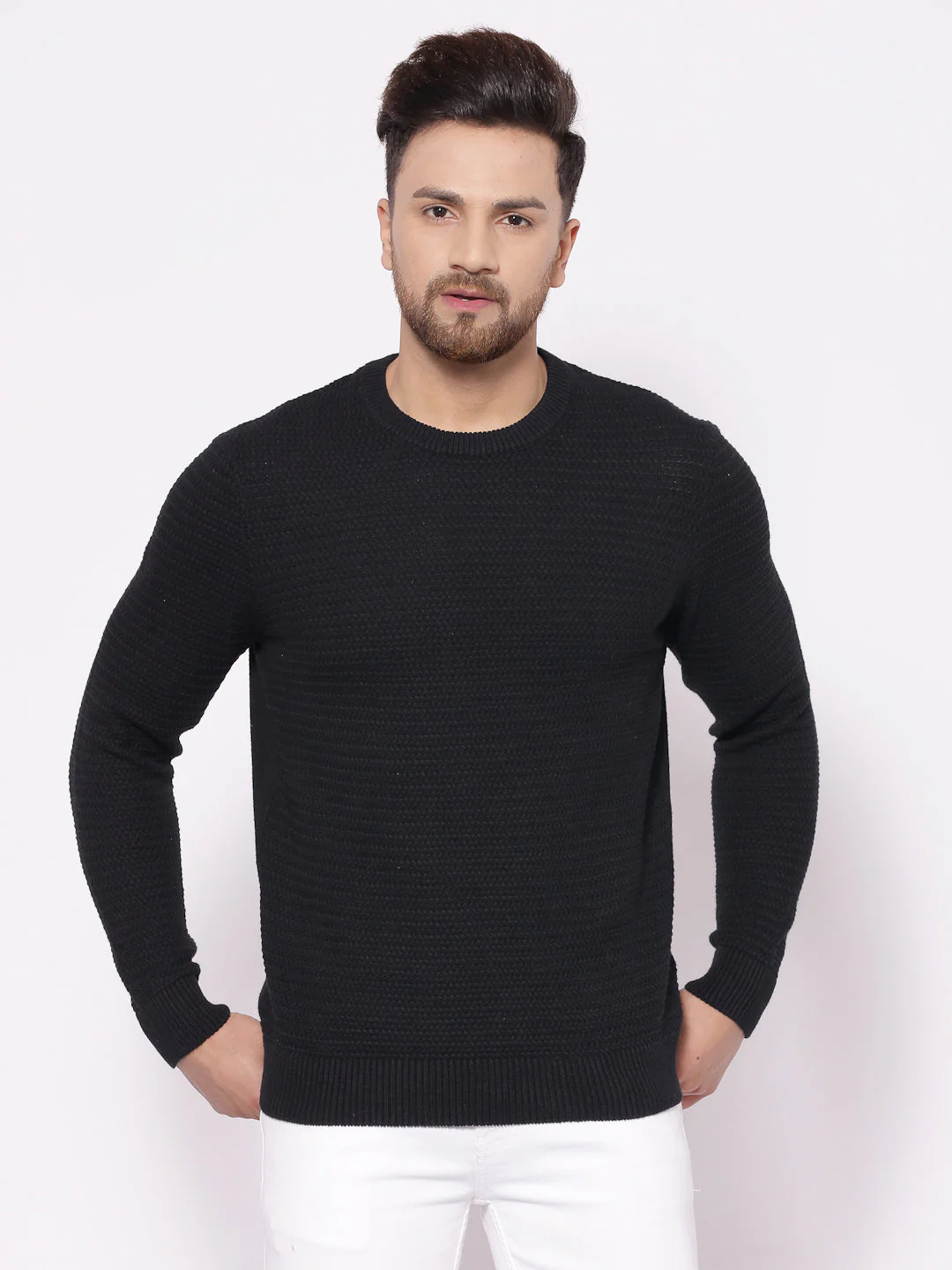 Men's Self Design Black Sweater
