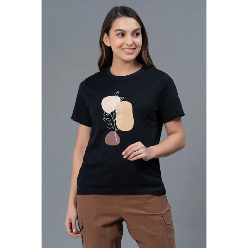 Casual Black Round Neck T-Shirt for Women
