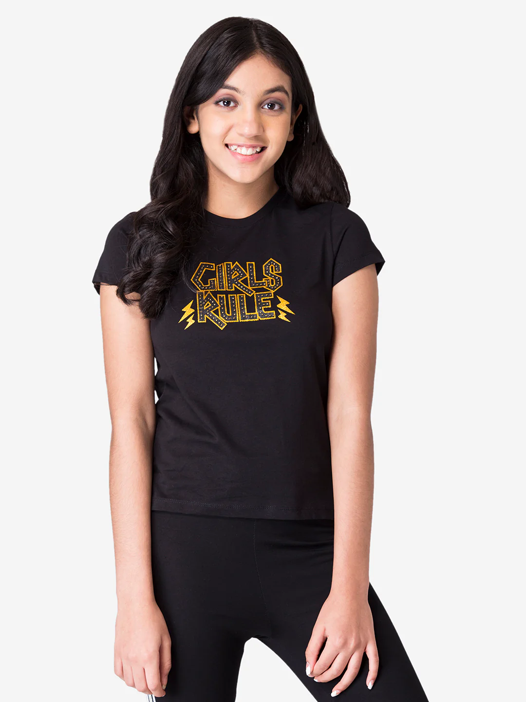 Girls's Black Round Neck T-Shirt