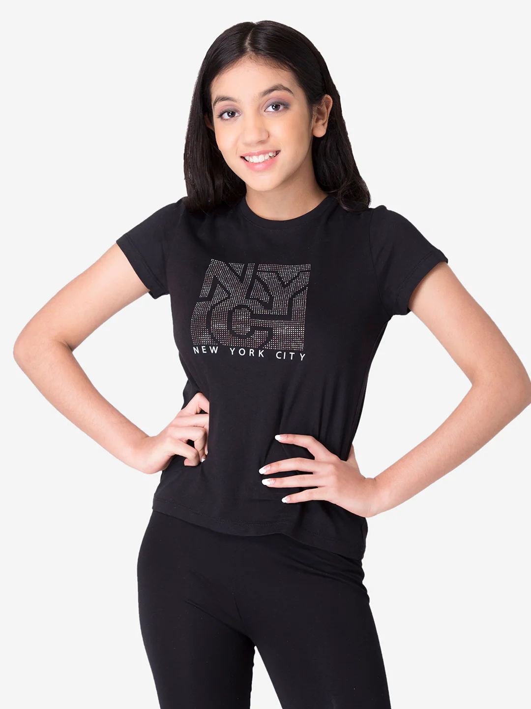 Girls's Black Round Neck T-Shirt