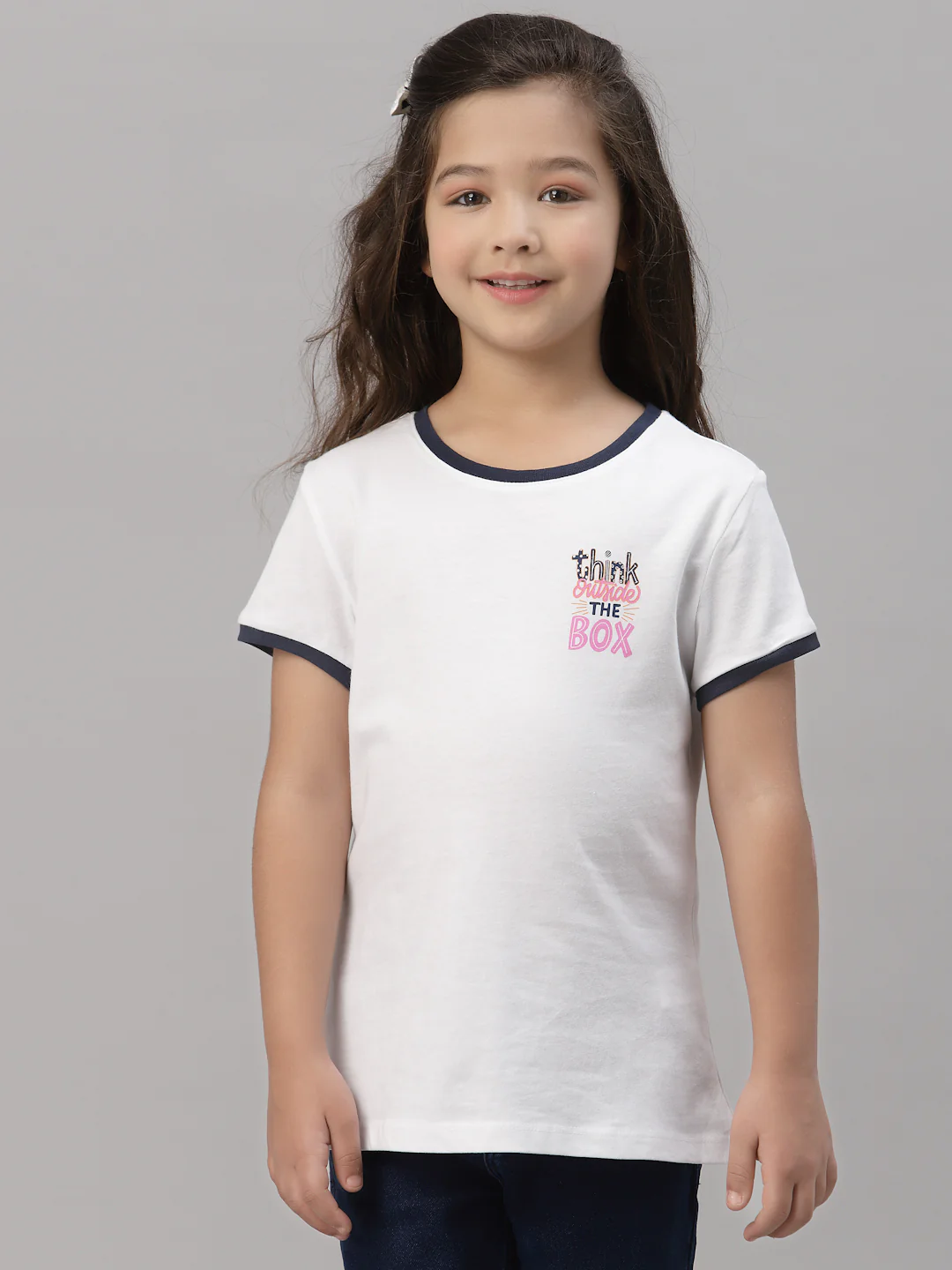 Girls White Round Neck T-Shirt