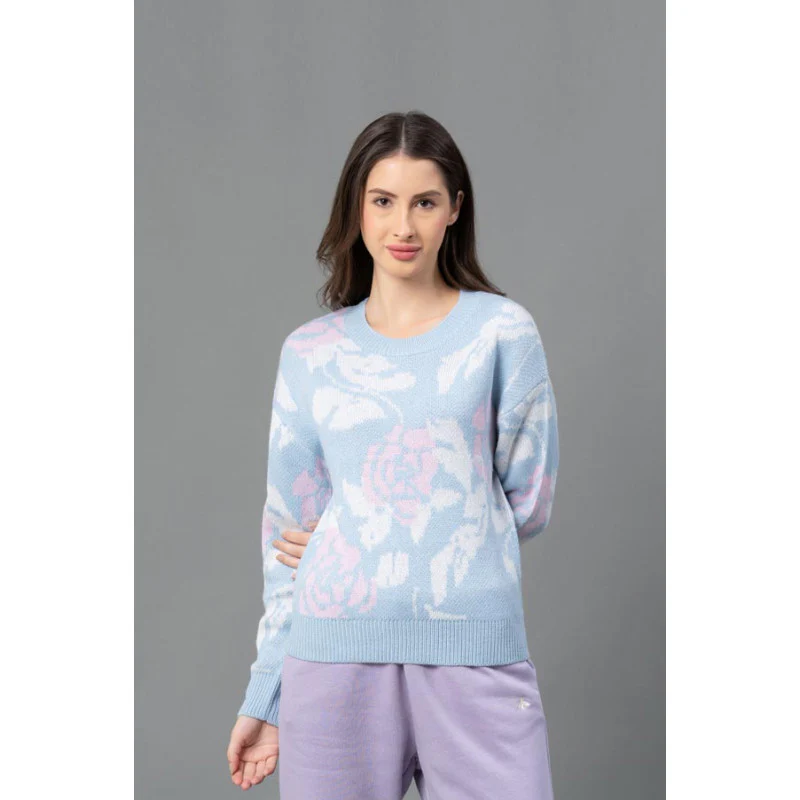 Women Blue Floral Jacquard Sweater