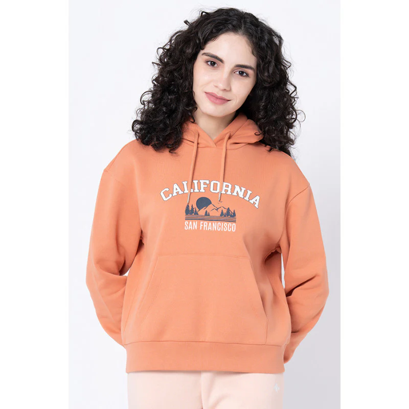 Women's Light Orange Graphic Print Hoodie