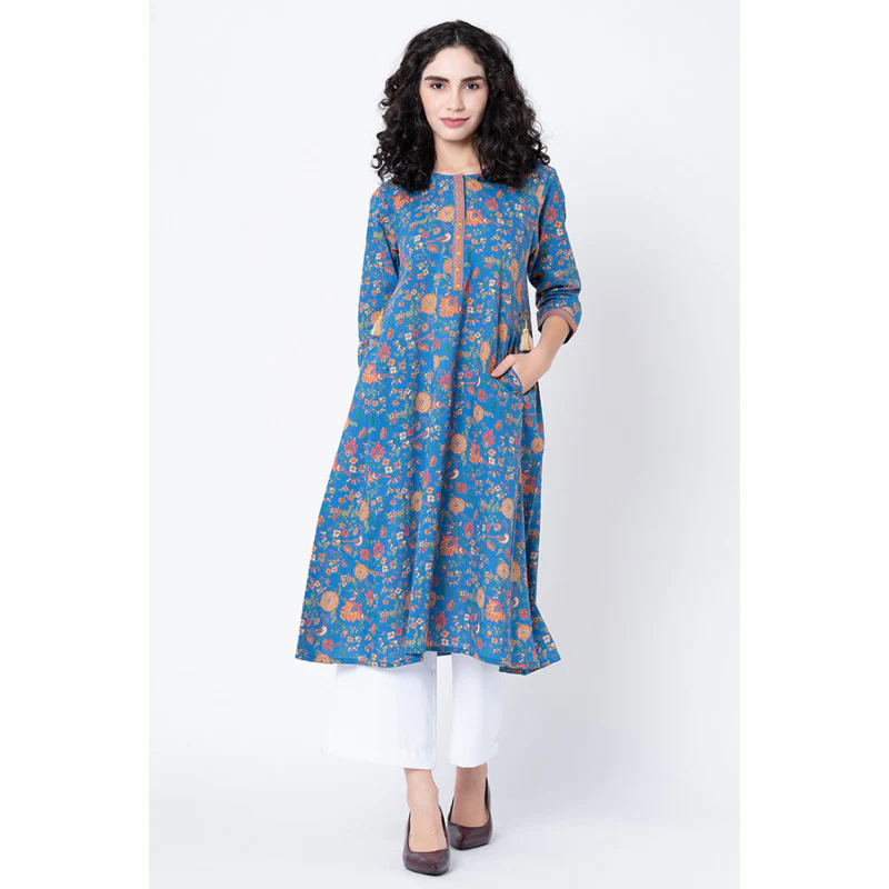 Women's Royal Blue Floral Print Kurta