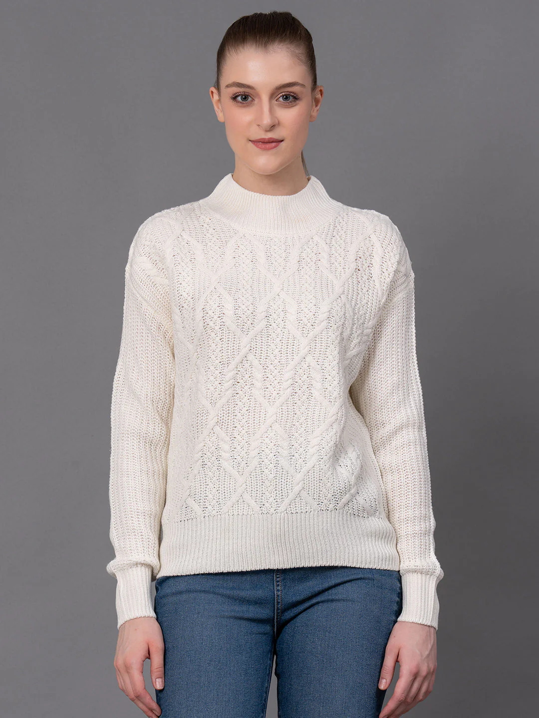 Off White Acrylic Self Design Women's Sweater