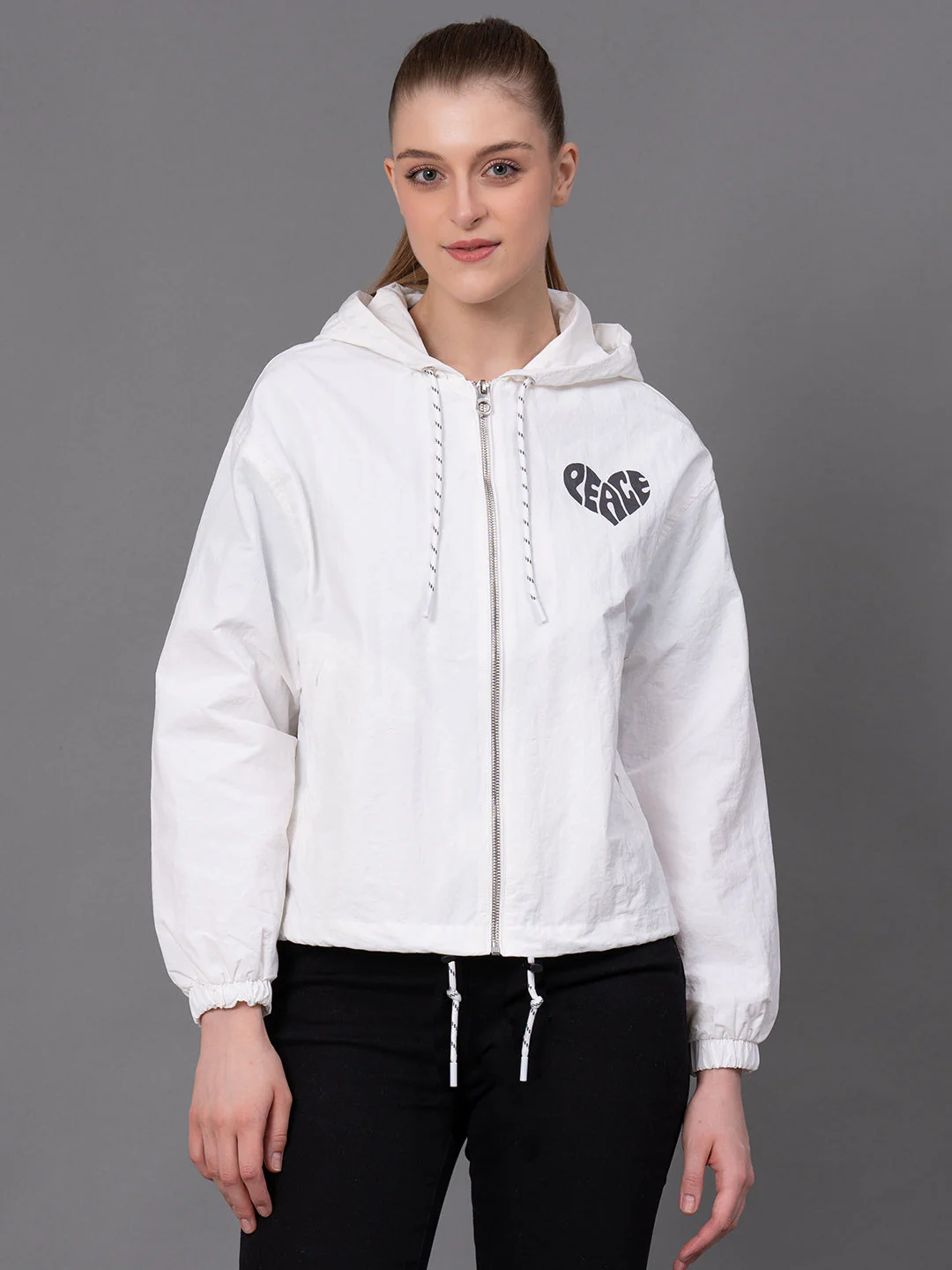 Off White Nylon Graphic Print Women's Windcheater Jacket