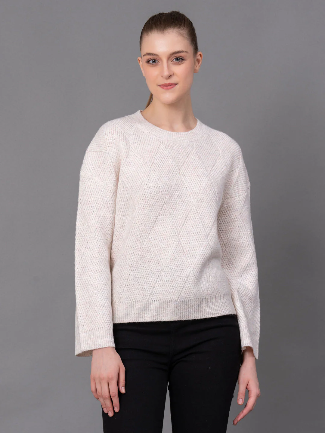 Off White Poly Acrylic Self Design Women's Sweater