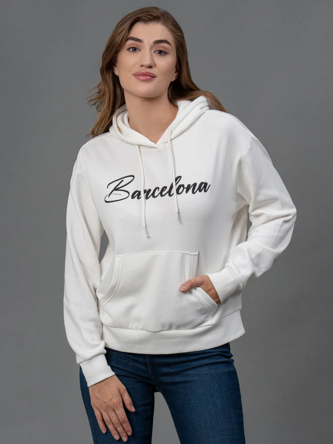 Off White Printed Cotton Poly Fleece Women's Hoodie