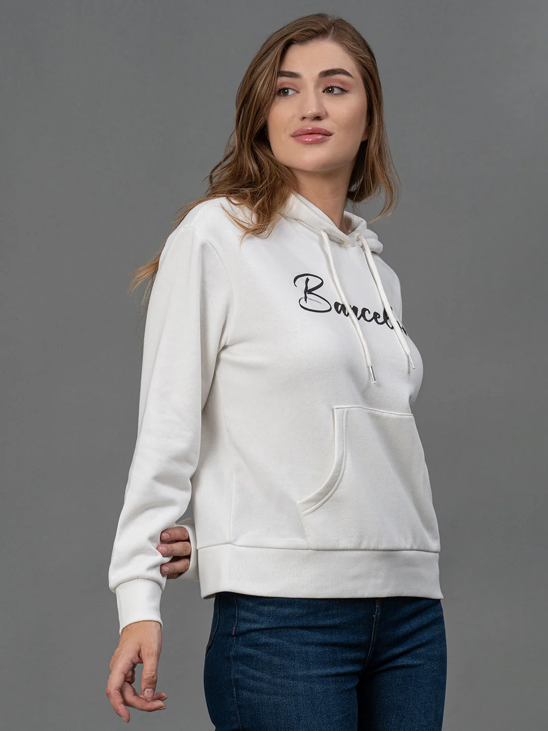 Off White Printed Cotton Poly Fleece Women's Hoodie - Image 2