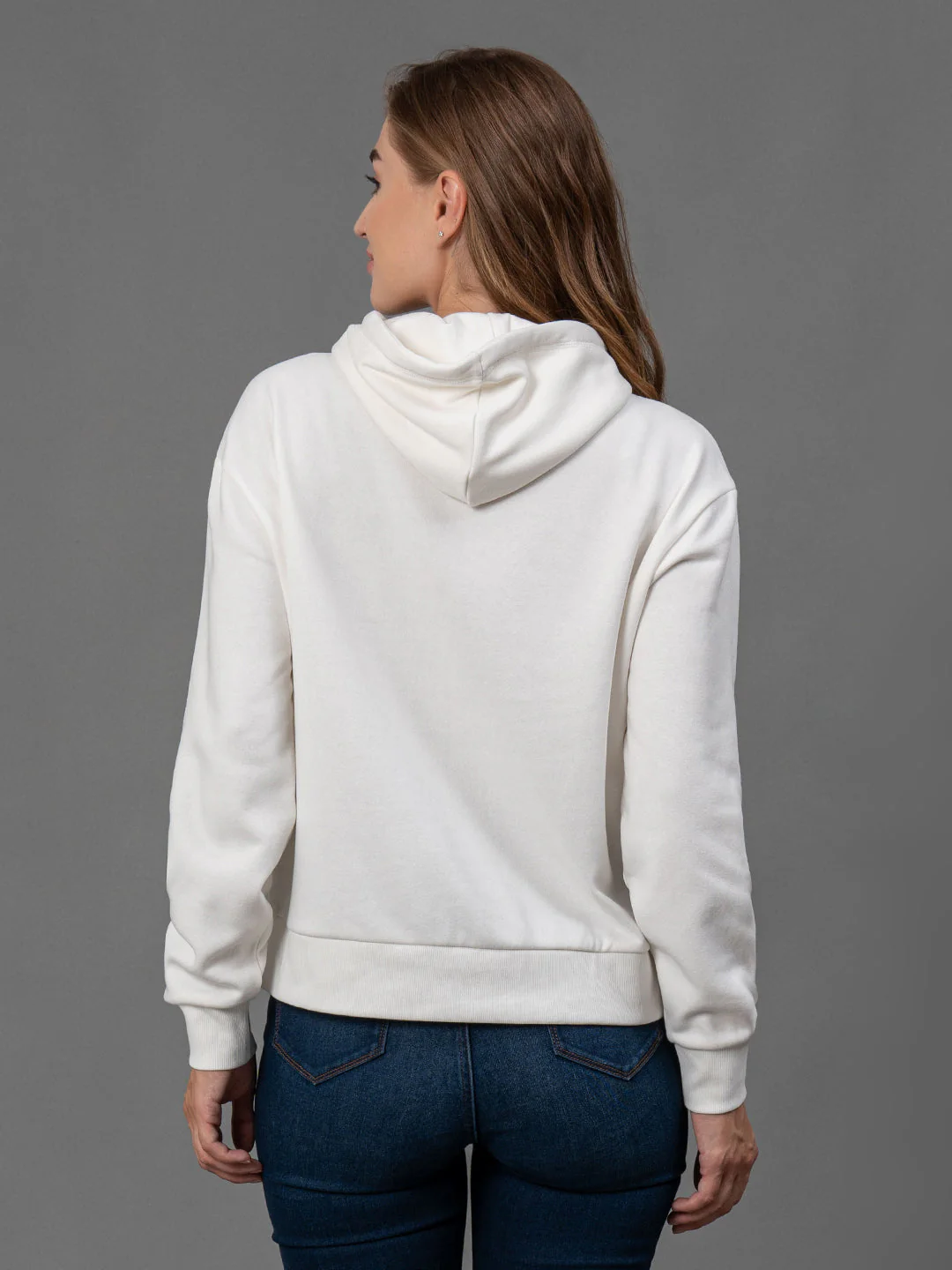 Off White Printed Cotton Poly Fleece Women's Hoodie - Image 3