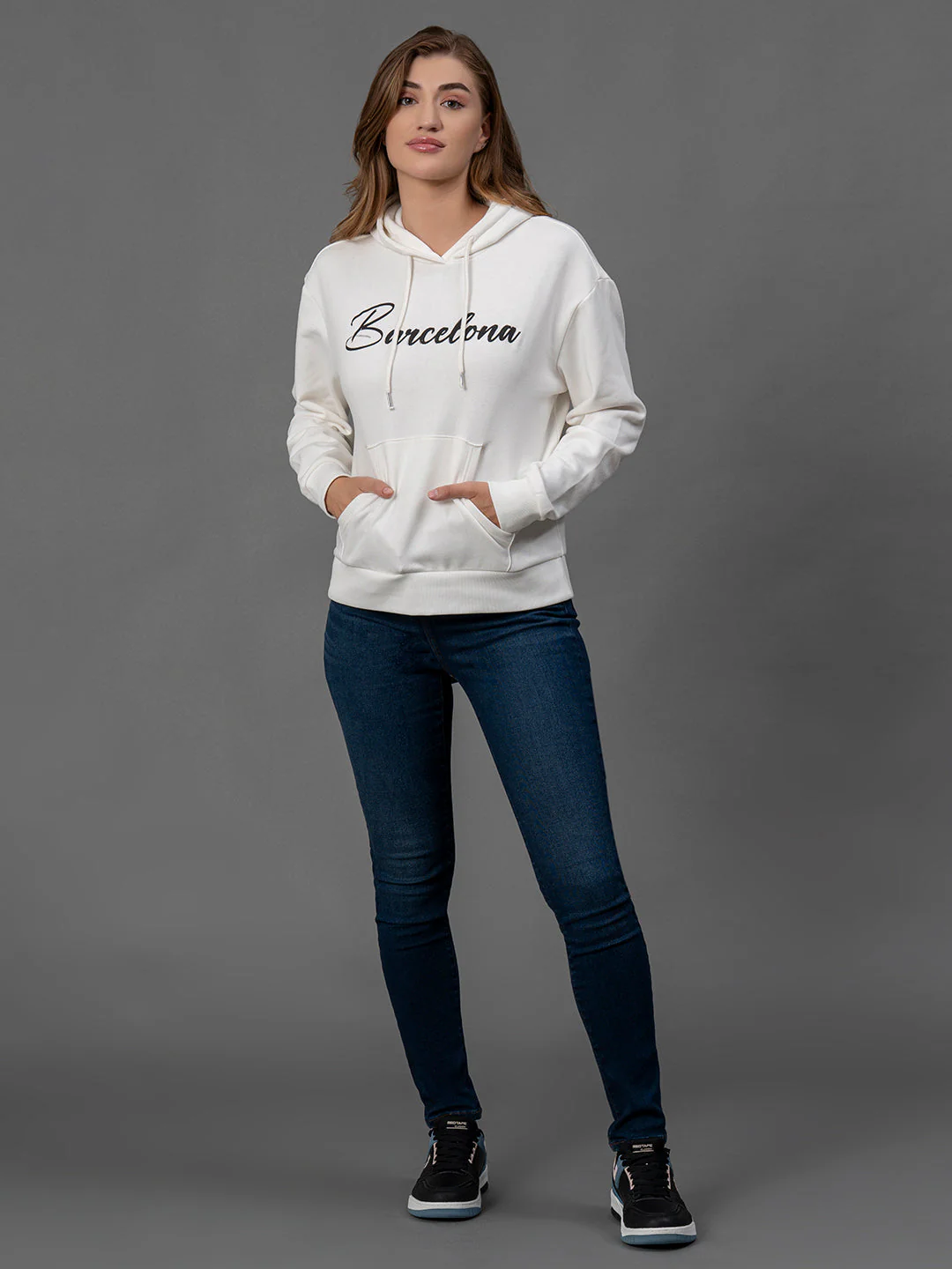 Off White Printed Cotton Poly Fleece Women's Hoodie - Image 5