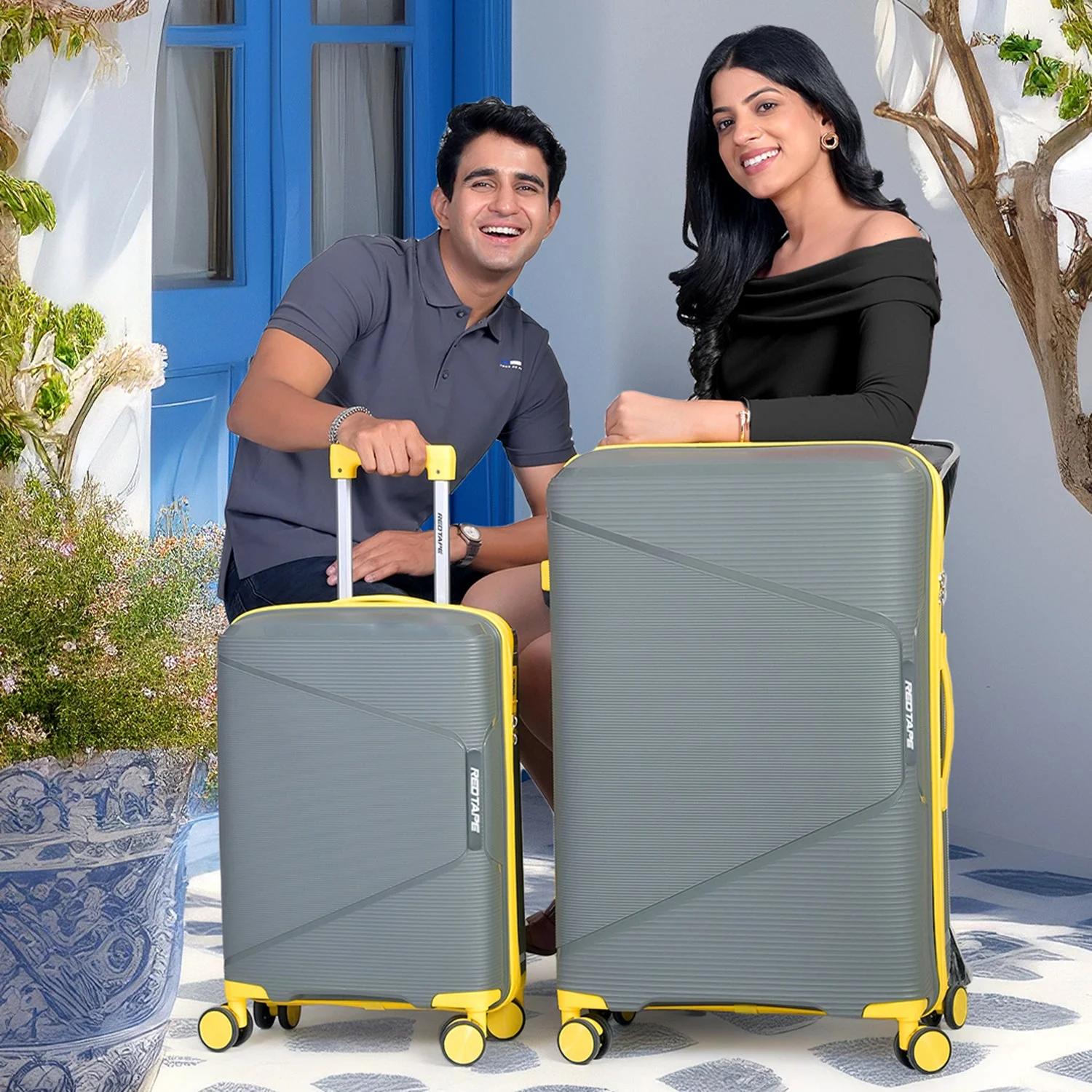 Olive & Yellow 8 Wheels Trolley Bag Set of 2 (Large + Medium)