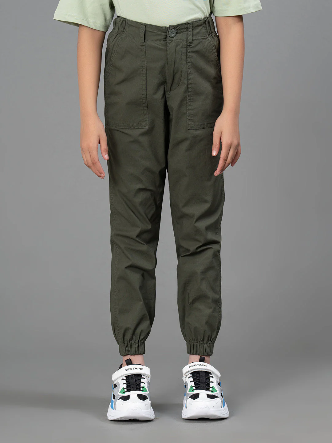 Olive Cotton Spandex Solid Girl's Jogger