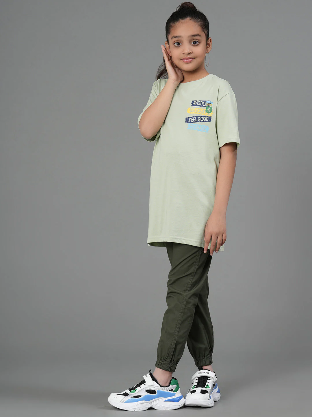 Olive Cotton Spandex Solid Girl's Jogger - Image 5