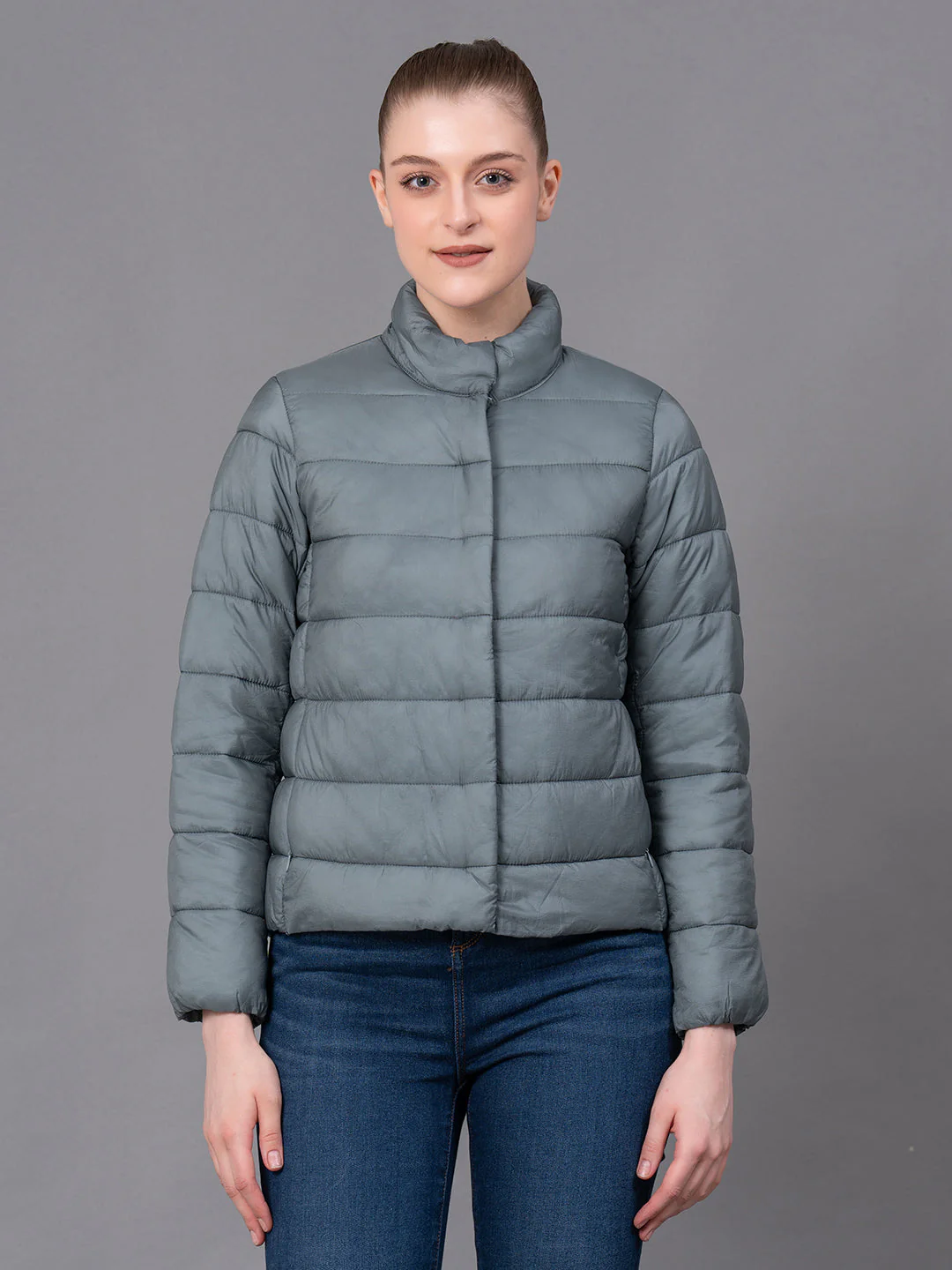 Pale Green Nylon Solid Women's Padded Jacket